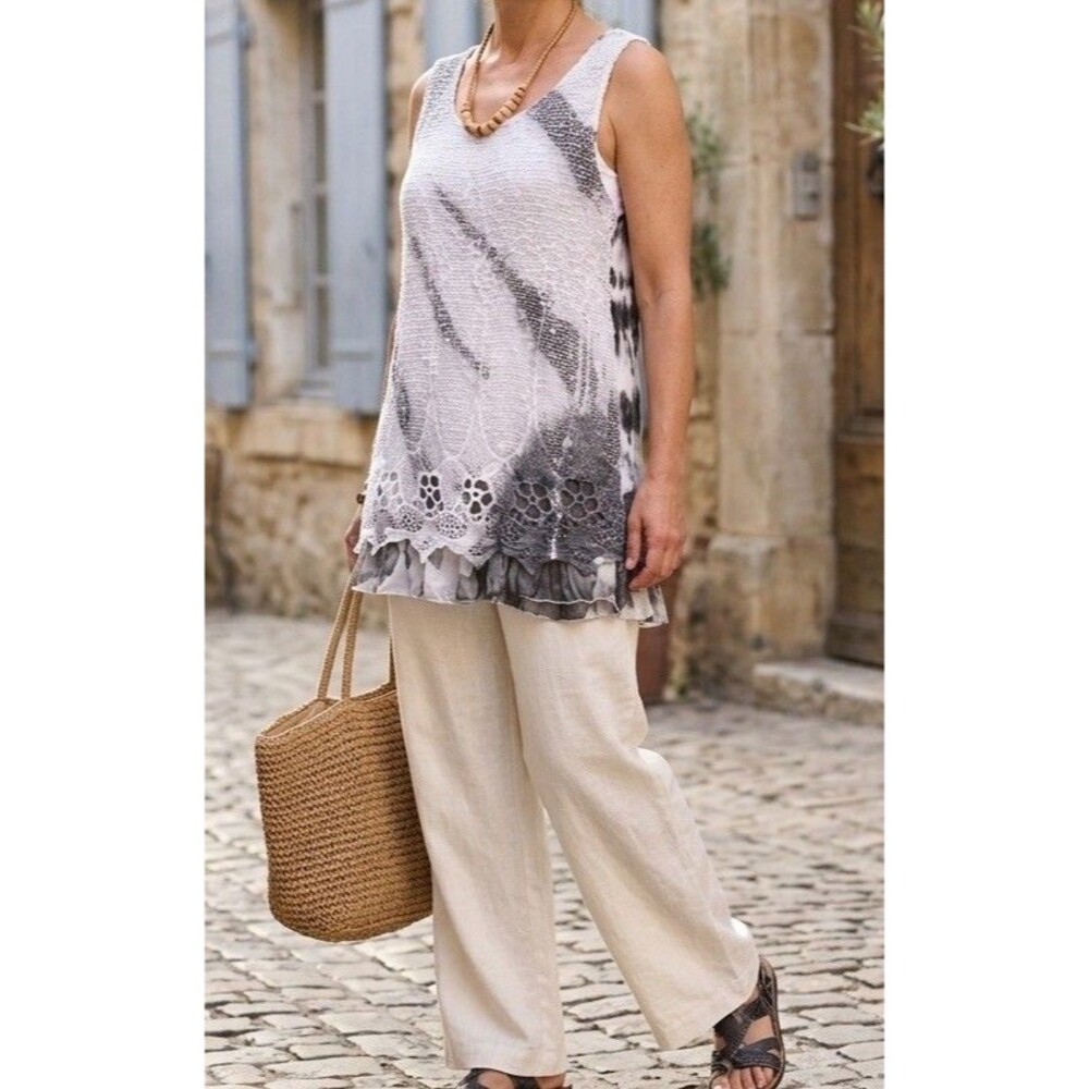 Tempo Paris Silk Lagenlook Crochet Overlay Layered Tunic Top Made in Italy Small